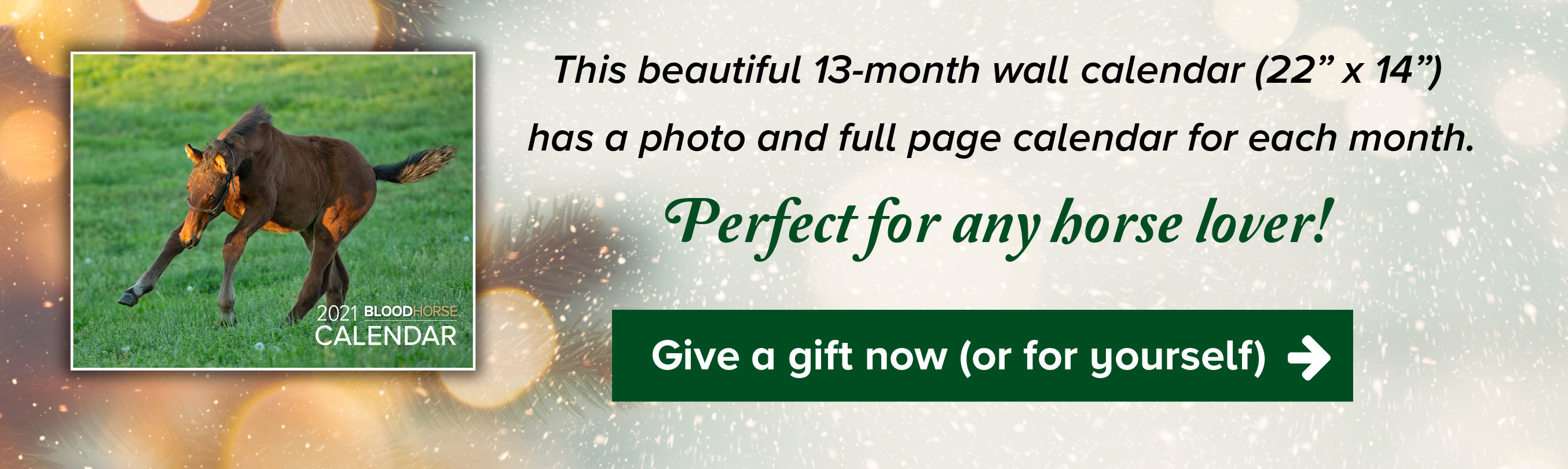 BLOODHORSE CALENDAR- This beautiful 13-month wall calendar (22” x 14”) has a photo and full page calendar for each month.  
Perfect for any horse lover! 
